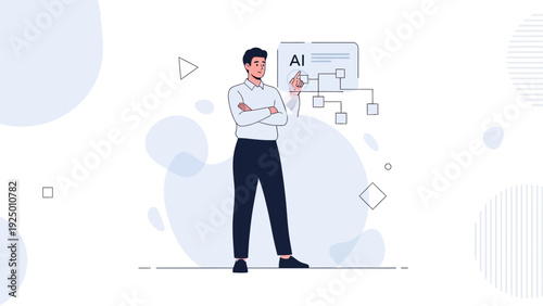 Man pointing at AI flowchart on screen, modern technology concept
