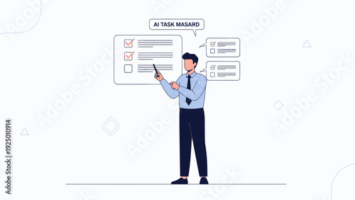 Man pointing at AI task management checklist, task completion, business planning