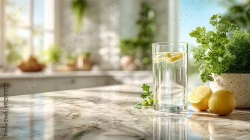 Refreshing glass of water with lemon slices showcasing healthy hydration, natural citrus flavor, summer refreshment, and wellness lifestyle in a bright kitchen