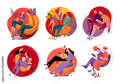 Couples reading books cartoon vector set. Man woman sitting inside armchairs retro lounge furniture vintage literature writers poets characters mid century library lovers isolated scenes on white