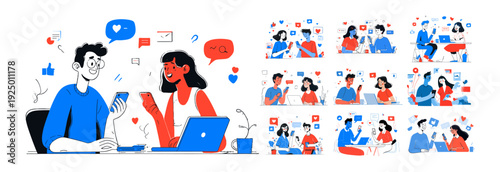 Dates color ink sketch vector set. Characters using smartphones laptops chating gadgets speech bubbles hearts icons blue red comic social media networking typing messaging people isolated collection