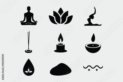 Black and white icons representing spiritual and meditative practices isolated on white background, Vector, illustration