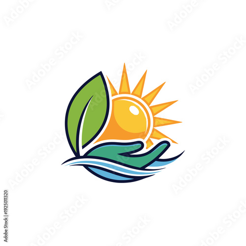 Caring hand cradling water and a leaf under a bright sun, symbolizing environmental protection, nature conservation, and sustainable living on an isolated white background.