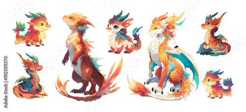 Dragon baby cartoon vector set. Fantasy lizard wings scales magic fire mascot reptile ice element fairytale animal wildlife species sitting standing beast isolated on white background