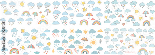 Colorful illustrations of weather elements, including rainbows, clouds, and umbrellas in a playful design.