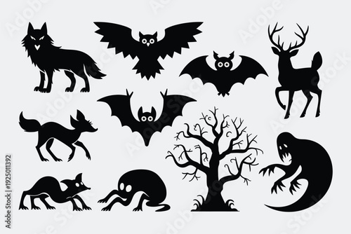 Halloween-themed silhouettes featuring various mystical and woodland creatures isolated on white background, Vector, illustration