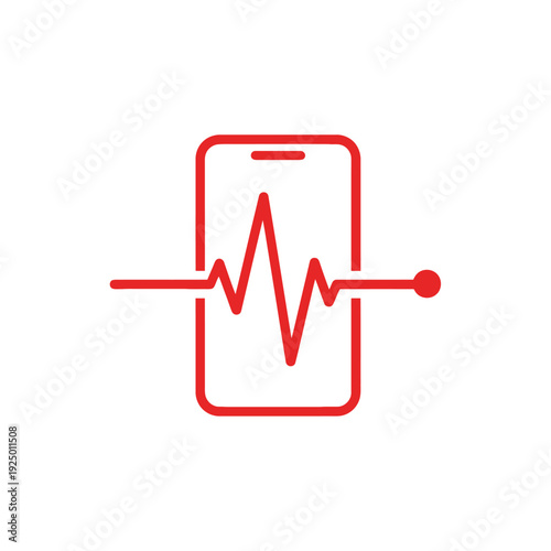Smartphone displaying medical heartbeat pulse line with red dot, on isolated white background.