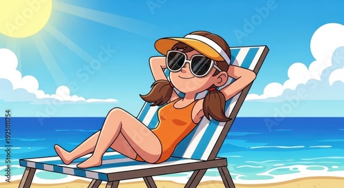 Girl relaxing on a beach chair under the sun enjoying a summer day by the ocean