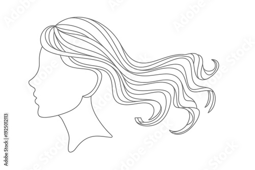 Elegant line drawing of a woman with long flowing hair in profile view isolated on white background, Vector, illustration