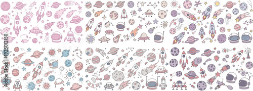 Colorful space-themed illustrations featuring planets, rockets, and stars in a whimsical design.