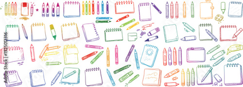 Colorful stationery with notebooks and crayons in various styles and colors, perfect for inspiration.