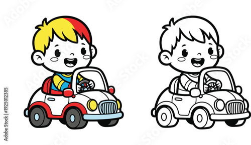 Cute cartoon boy driving a toy car, colored illustration and black and white outline version for kids coloring book
