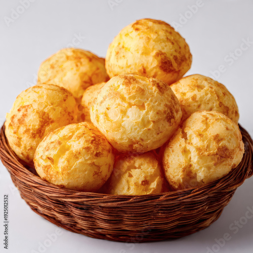 Brazilian pão de queijo, golden cheese bread balls with crispy exterior and soft airy interior, arranged in a basket