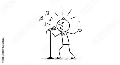 Joyful stick figure performing a vibrant song on stage with colorful notes surrounding