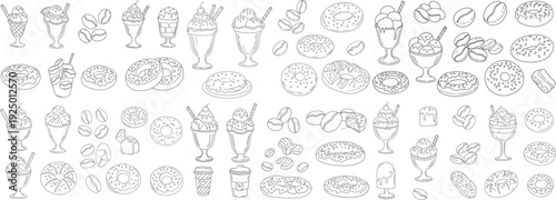 Delicious hand-drawn desserts including ice cream, donuts, and coffee beans on a seamless background.