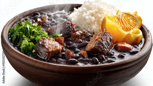 Traditional Brazilian feijoada in a rustic clay pot, black bean stew with pork cuts and sausage, served with white rice, collard greens, orange slices and farofa
