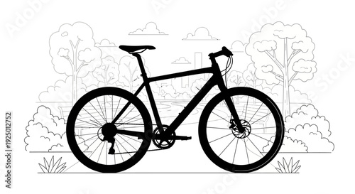 Silhouette of a bicycle in a park with trees and path.