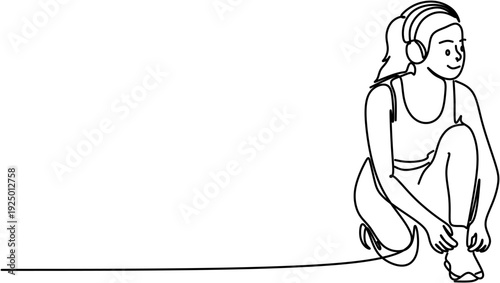 Woman tying shoelaces before workout continuous line drawing minimalist style