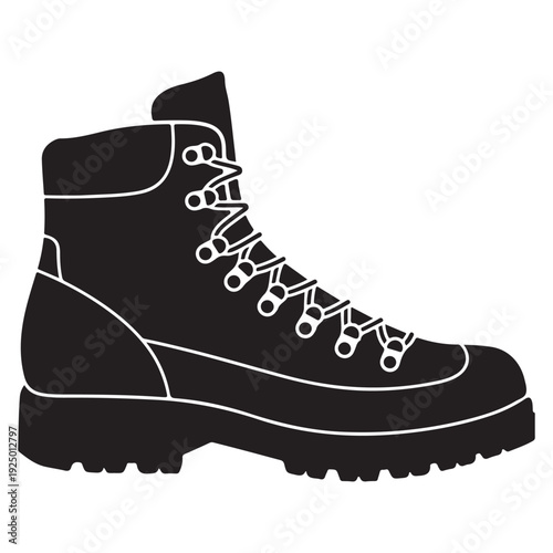 Black hiking boot with white outlines and laces on white background  outdoor footwear icon