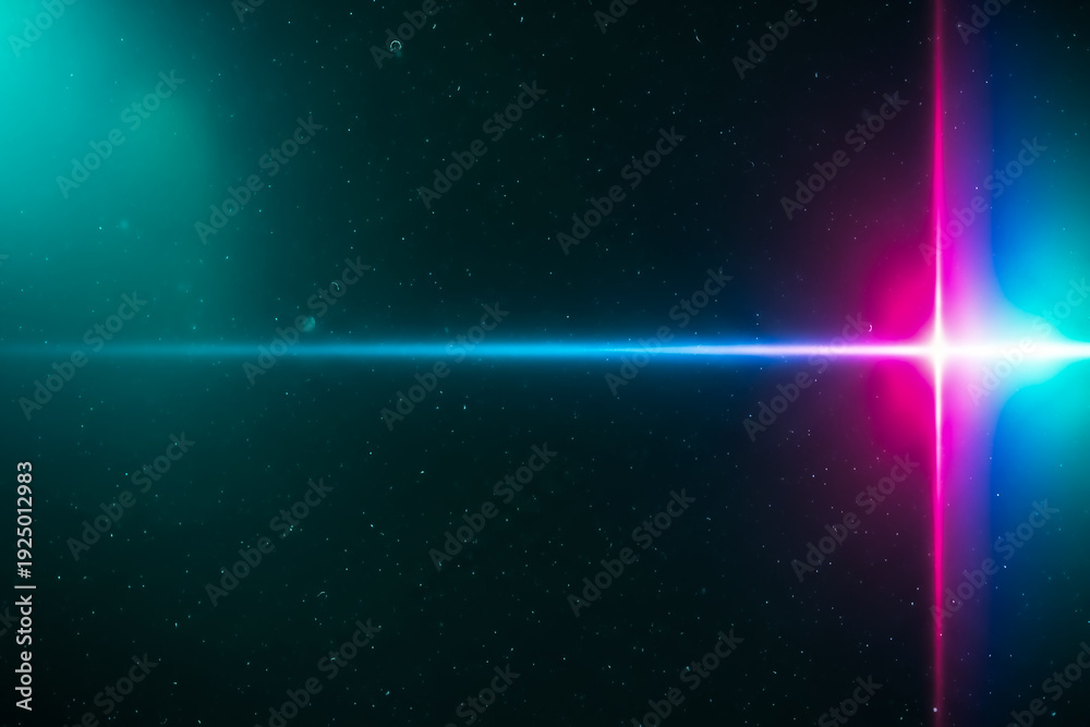 Obraz premium Striking image of intersecting neon light beams in deep space, featuring vivid blue, pink, and white hues against a dark backdrop with stars.