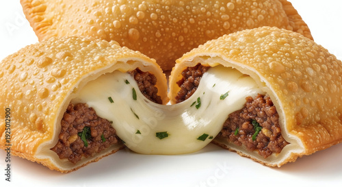 Brazilian pastel filled with cheese and ground beef, crispy bubbly golden crust, one piece cut open showing melted filling Isolated on White background