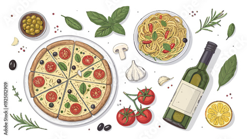Delicious Italian feast with pizza pasta wine and fresh ingredients