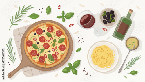 Delicious Italian feast with pizza, pasta, and wine