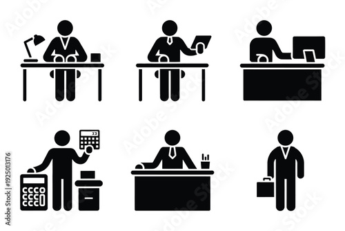 Six icons depicting various office and workstation activities in a monochromatic style isolated on white background, Vector, illustration