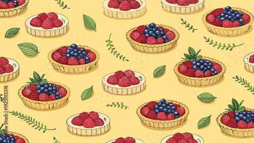 Delicious berry tarts with fresh raspberries and blueberries