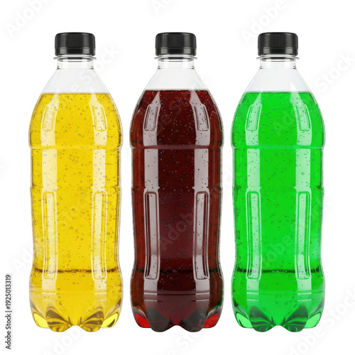 Three colorful soda bottles with black caps isolated on transparent background
