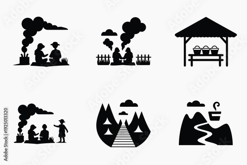 Scenic silhouettes of outdoor activities and natural landscapes in black and white isolated on white background, Vector, illustration