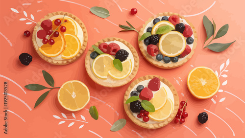Delicious fruit tarts with fresh berries and citrus on vibrant orange background