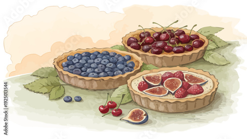 Delicious fruit tarts with fresh berries and figs on display