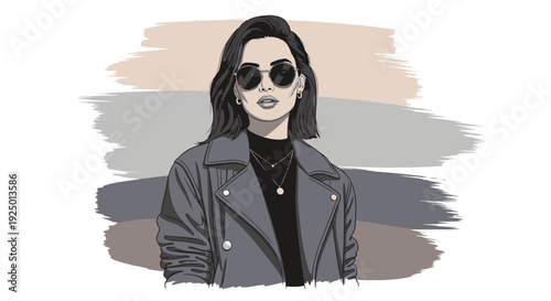 Stylish woman with sunglasses and leather jacket, graphic art.