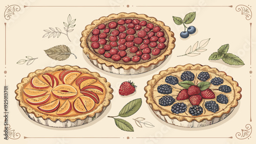 Delicious fruit pies with fresh berries and peaches