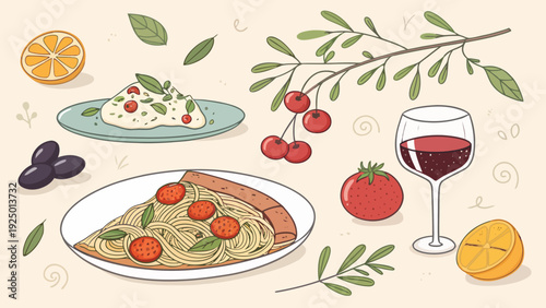 Delicious Italian food with pasta, wine, and fresh ingredients
