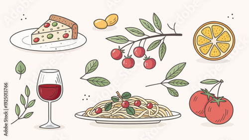 Delicious Italian food and wine illustration set