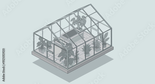 Isometric illustration of a greenhouse with various plants and a pathway viewed from above