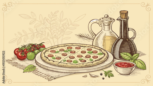 Delicious homemade pizza with fresh tomatoes and basil on wooden plate