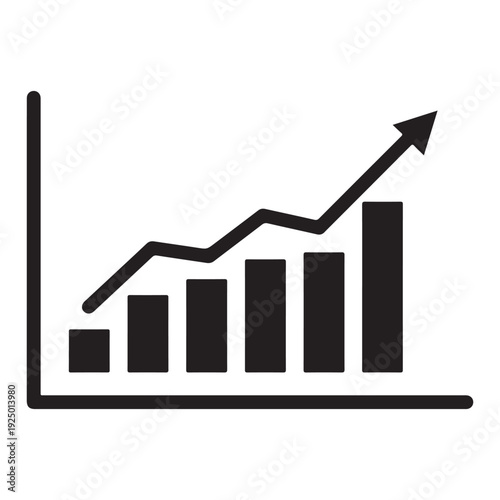 Black line graph with bars and upward trend arrow on white background  business growth chart