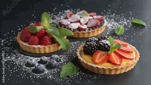 Delicious fruit tarts with fresh berries and powdered sugar