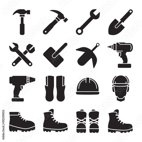 Assorted black and white icons of tools and safety equipment for workshop use isolated on white background, Vector, illustration