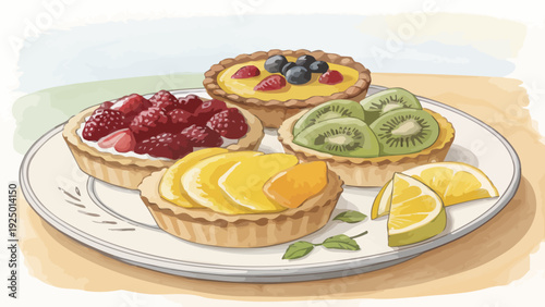 Delicious fruit tarts on a plate with fresh berries and citrus