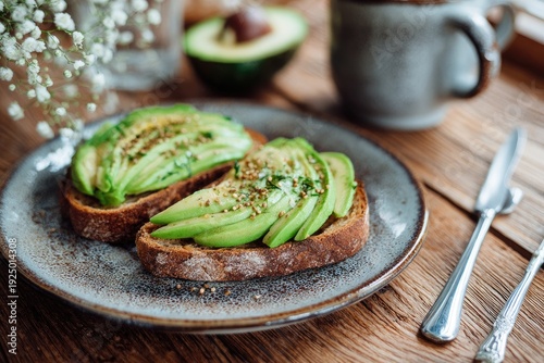 Two avocado toast slices sit on a plate with coffee, flowers, and cutlery nearby