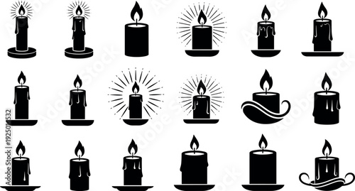 Black candle silhouette set with various burning wax candles including flame light and candlestick holders for spiritual memorial and religious designs