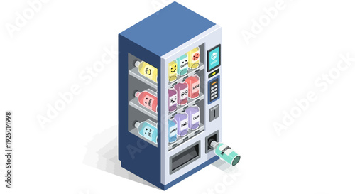 Vending machine dispensing snacks and drinks in a modern setting viewed from a slight angle