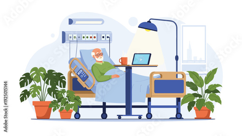 An elderly man is resting comfortably in a modern hospital bed with a laptop, surrounded by plants for a peaceful recovery.