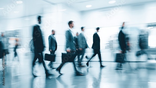Blurry image of business people in suits walking quickly through a bright, open space