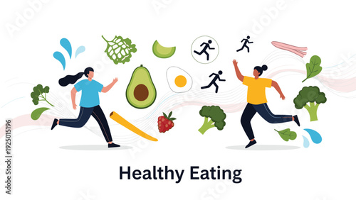 Two energetic women running among a variety of fresh vegetables, fruits, and proteins, promoting a healthy eating lifestyle.