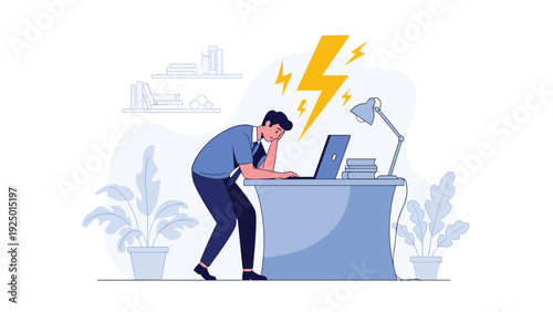 Stressed and overworked man leaning on his desk with a laptop, experiencing burnout and frustration from work pressure and deadlines.